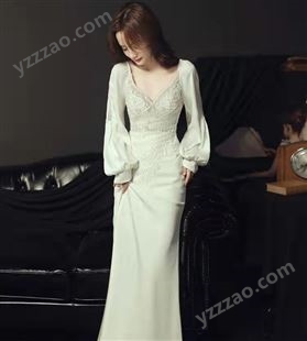 白色晚礼服女气质宴会轻奢长袖鱼尾设计感主持人连衣裙高级感