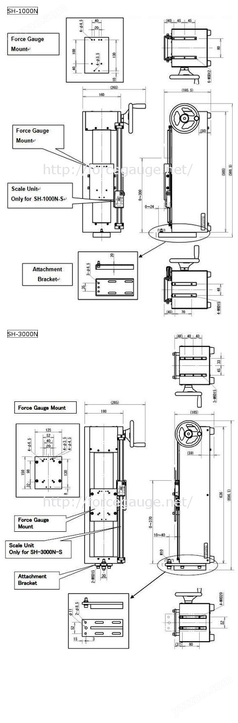 Dimensions for SH series Manual force tester